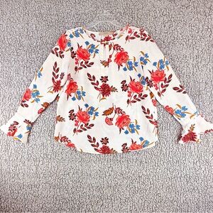 LOFT Petite Small Floral Blouse Long Sleeve Split Neck Flounce Cuffs